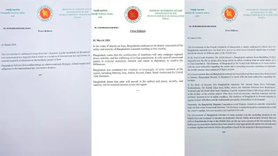 ইরানে আমেরিকা-ইসরায়েলের হামলা এবং যুদ্ধ শুরুর পর তিনটি বিবৃতি দিয়েছে বাংলাদেশ। বিশ্লেষকরা বলছেন, আন্তর্জাতিক নীতি ভেঙে একাধিক দেশের সার্বভৌমত্ব আক্রান্ত হলেও ইরানের ঘটনার নিন্দা জানানোর বিষয়টি &lsquo;সচেতনভাবে&rsquo; এড়িয়ে গেছে বাংলাদেশ।