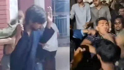 শাহবাগ থানার সামনে মারধরের শিকার হন ডাকসু নেতারা। ছবি: ভিডিও থেকে নেওয়া