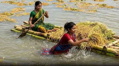 এভাবেই ডুবে যাওয়া ধান সংগ্রহ করছেন নারীরা।